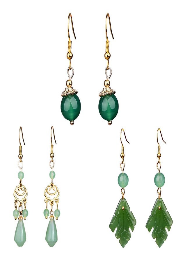 Ezindraw 3 Pairs Jade Earrings for Women, Chinese Jade Dangle Earrings Set, Green Stone Earrings for Her, Vintage Jewelry Accessory for Women, Gift - Image 1